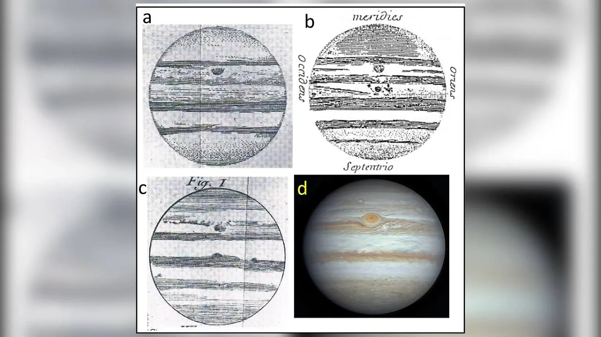 Сравнение рисунков Юпитера, сделанных Джованни Кассини в XVII веке, с одним из современных снимков планеты. Фото © news.agu.org