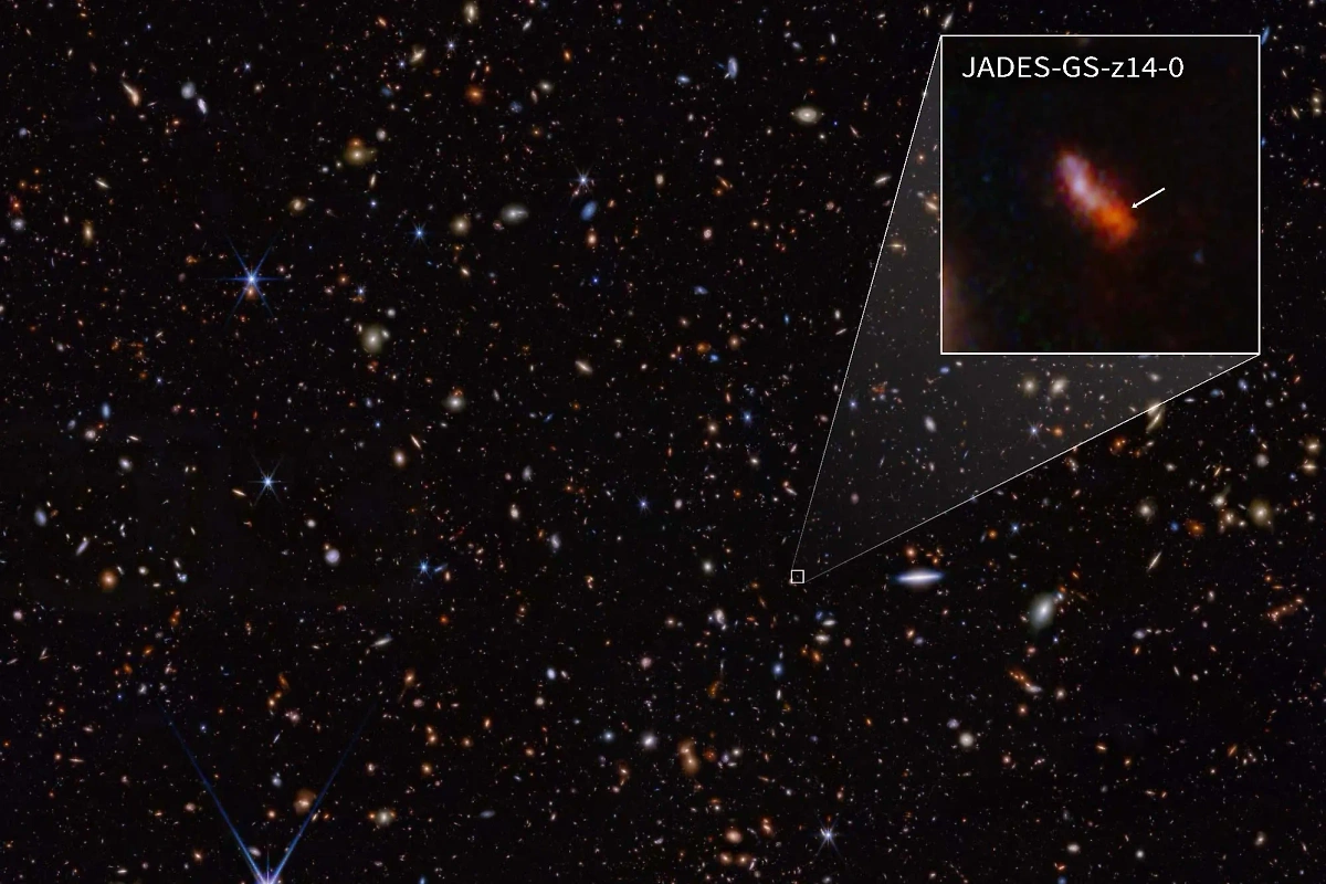 Галактика JADES-GS-z14-0, которую на сегодняшний день считают самой далёкой из наблюдаемых. Фото © webbtelescope