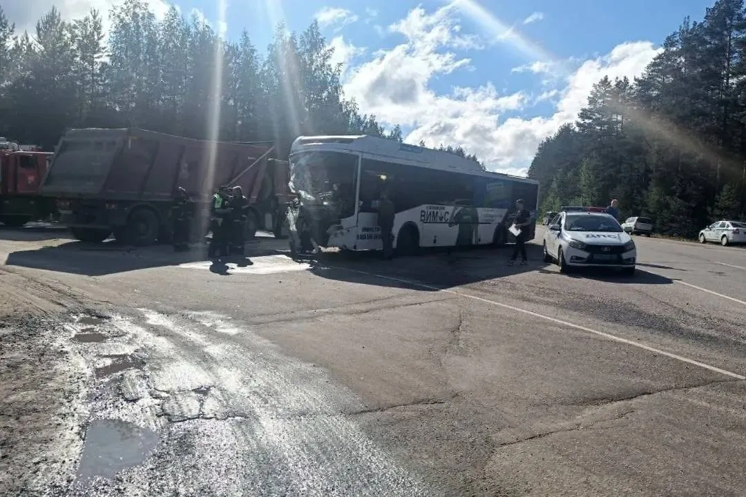 Кадр с места ДТП с участием рейсового автобуса и КамАЗа под Петербургом. Обложка © Telegram / Петербургская полиция