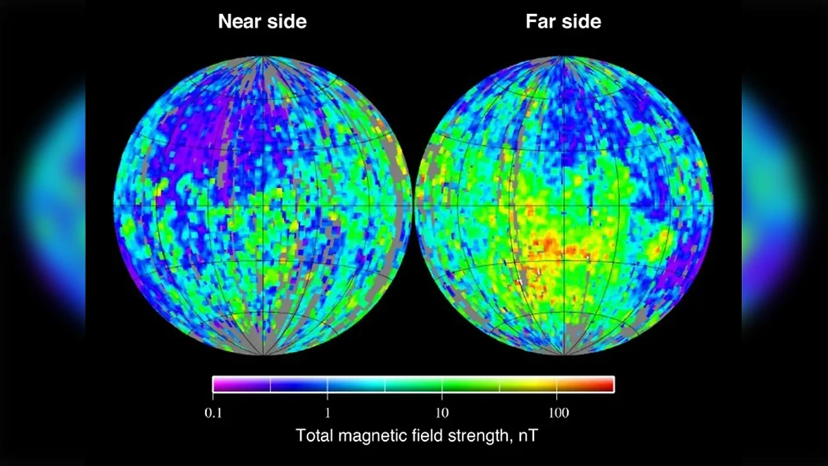 Карта магнитного поля Луны, составленная по данным зонда Lunar Prospector. Фото © Wikipedia / Mark A. Wieczorek 