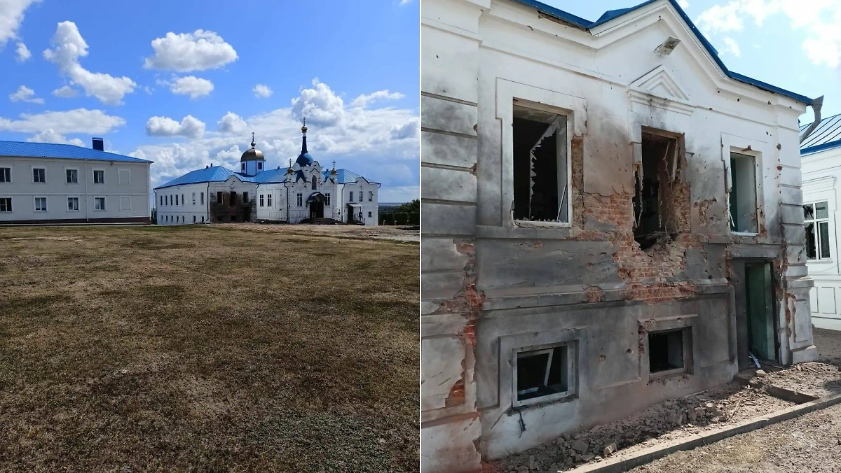 Главный собор Горнальского Свято-Николаевского Белогорского мужского монастыря у Суджи под Курском после атаки ВСУ. Обложка © Telegram / Суджа родная