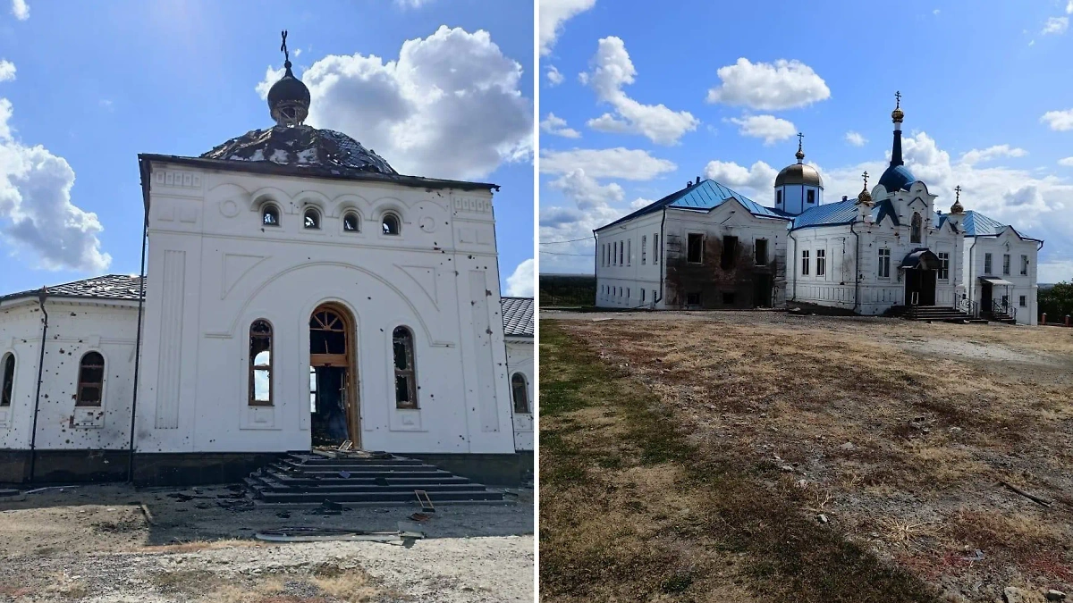 Главный собор Горнальского Свято-Николаевского Белогорского мужского монастыря у Суджи под Курском после атаки ВСУ. Обложка © Telegram / Суджа родная