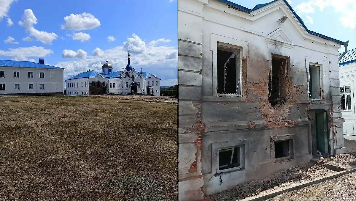 Главный собор Горнальского Свято-Николаевского Белогорского мужского монастыря у Суджи под Курском после атаки ВСУ. Фото © Telegram / Суджа родная