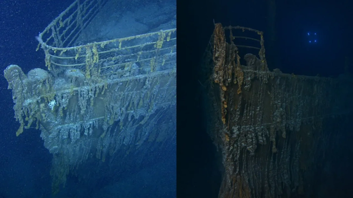 Носовая часть «Титаника» до и после обрушения перил. Обложка © X / RMS Titanic, Inc. / RMS Titanic, Inc.