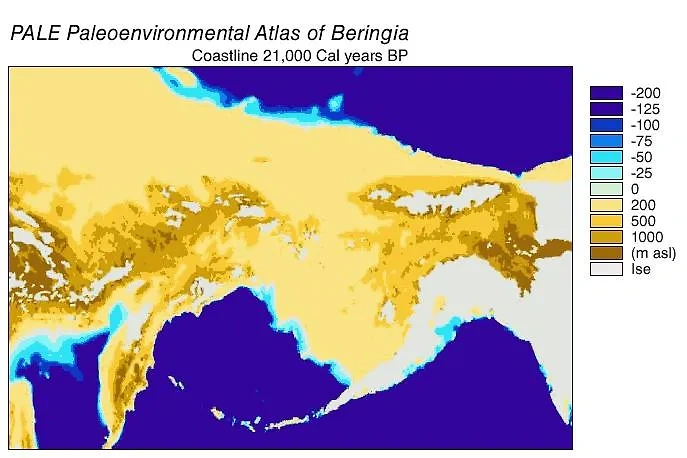 Изменение уровня моря в окрестностях современного Берингова пролива за последнюю 21 тысячу лет. Фото © Wikipedia / NOAA