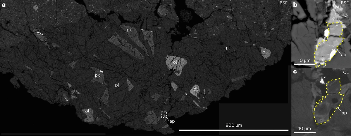 Вкрапления апатита в образце лунного метеорита AP 007. Фото © nature.com