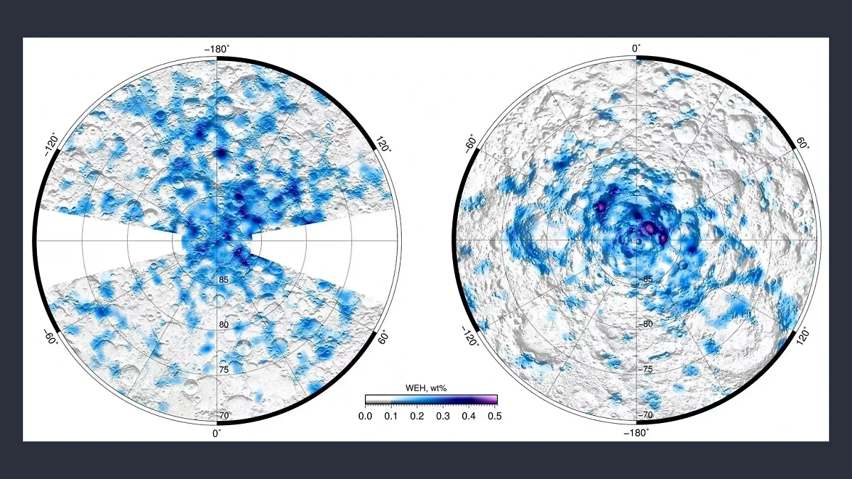 Карта распределения водяного льда в полярных регионах Луны. Фото © ИКИ РАН