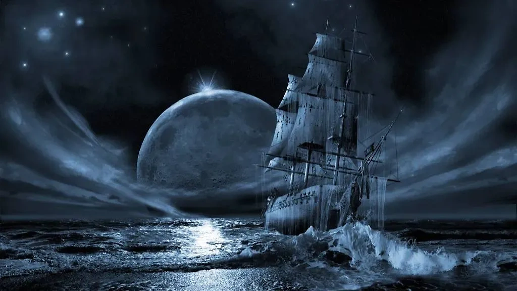 George Grieux "Full Moon Rising", πίνακας από τη σειρά "Ghost Ship". Έτσι φαντάζονται περίπου οι δεισιδαίμονες ναυτικοί την Τζένη. Εικόνα © Wikimedia Commons / Neosurrealismart