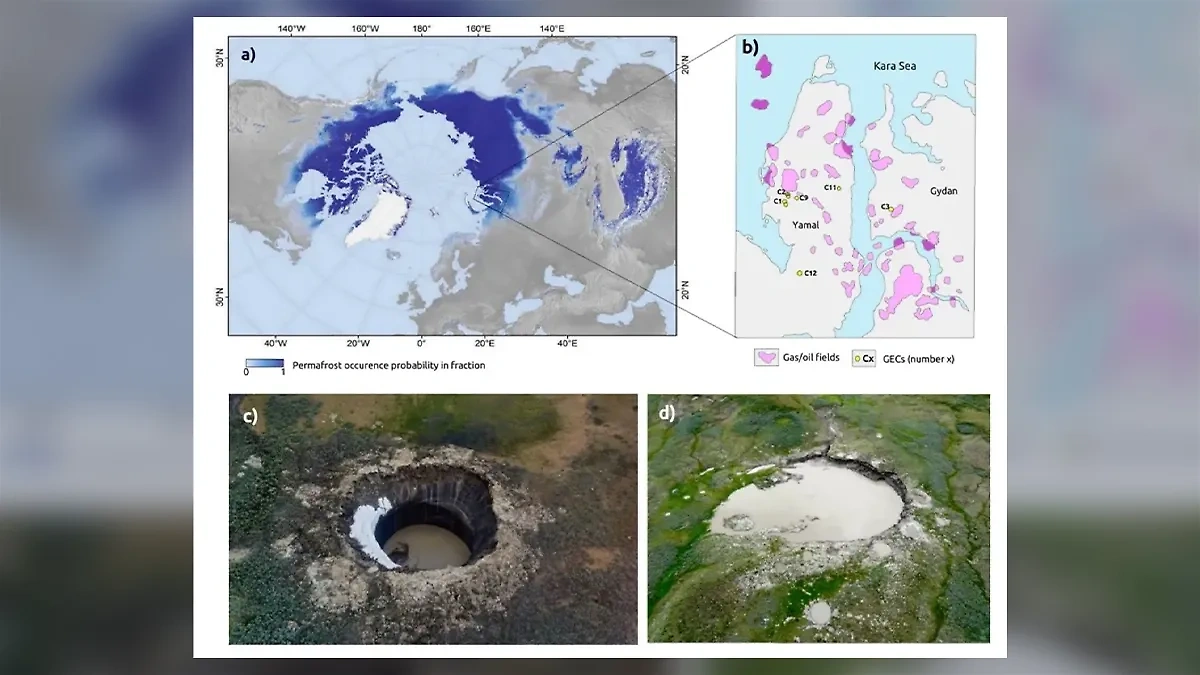 Местоположение газовых воронок на полуостровах Ямал и Гыдан (справа вверху обозначено жёлтыми кружками) и примеры некоторых кратеров. Фото © eartharxiv.org 