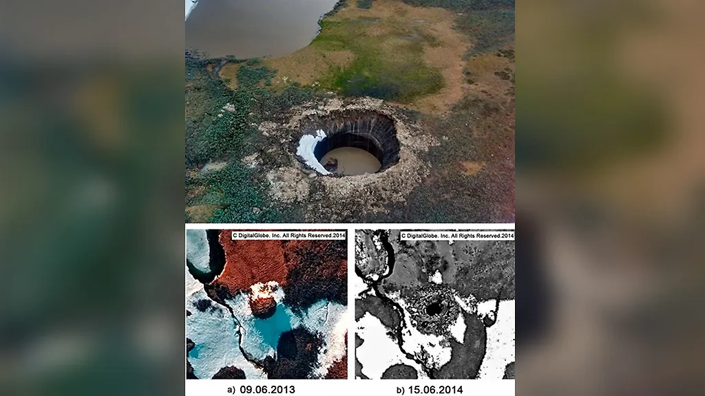 Сравнение спутниковых снимков до (слева внизу) и после (справа внизу) образования первого Ямальского кратера. Фото © Wikipedia