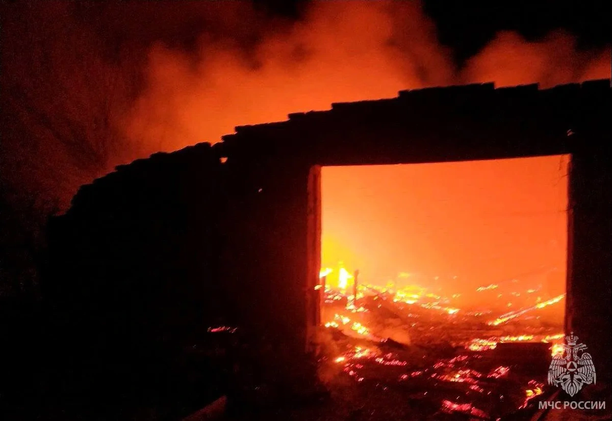 В посёлке Орловка огонь охватил животноводческую ферму на 1350 квадратных метрах. Обложка © t.me / МЧС России