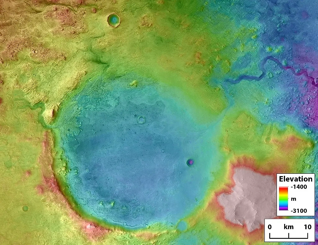 Кратер Езеро и соединённые с ним русла рек и каналов. Фото © Wikipedia / NASA
