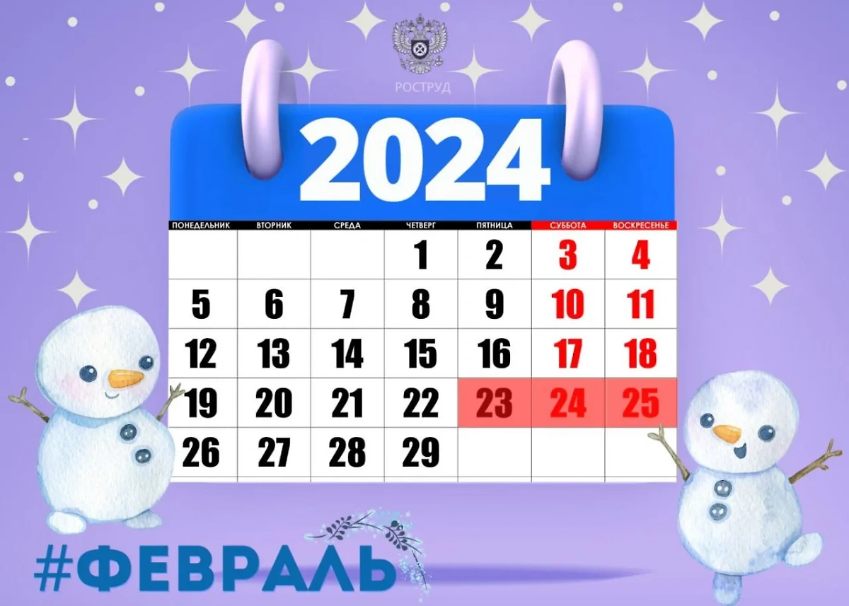 Календарь на февраль 2024 года, где отмечены выходные и праздничные дни. Инфографика © Роструд 