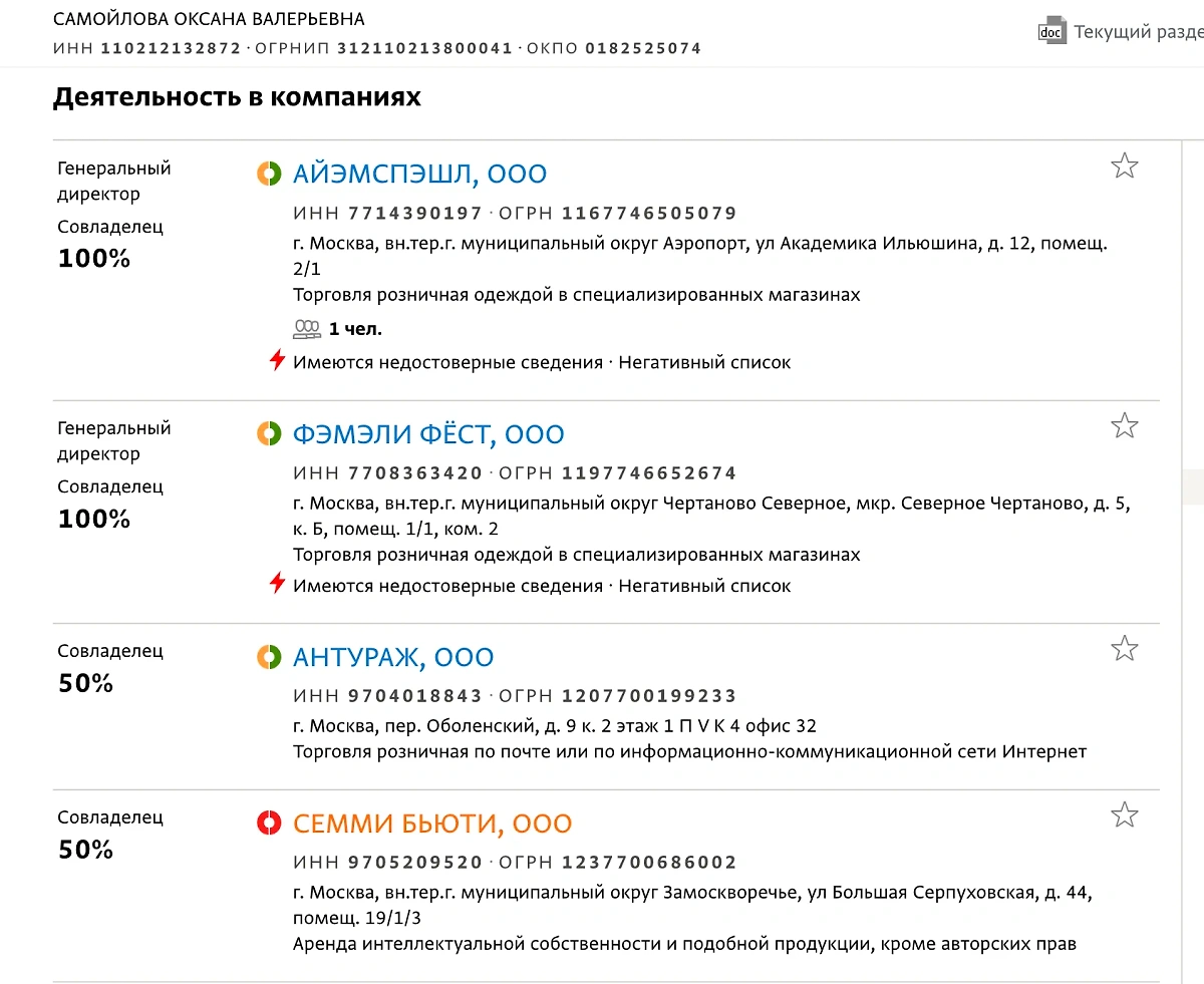 Судя по карточке Оксаны Самойловой в СПАРК, дела с бизнесом у неё не очень. Фото © spark-interfax.ru
