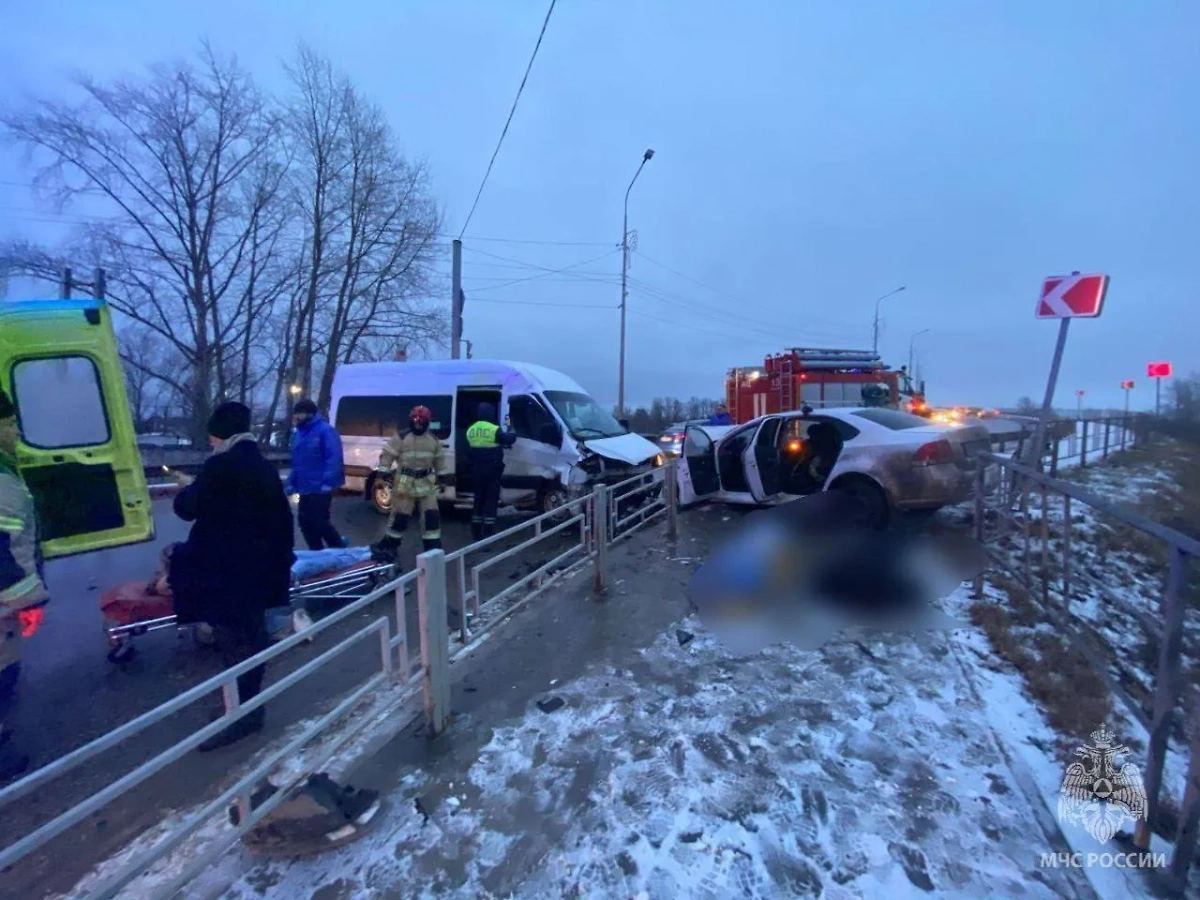 В Удмуртии в результате столкновения микроавтобуса и легковушки погибло 4 человека. Фото © Telegram / МЧС России