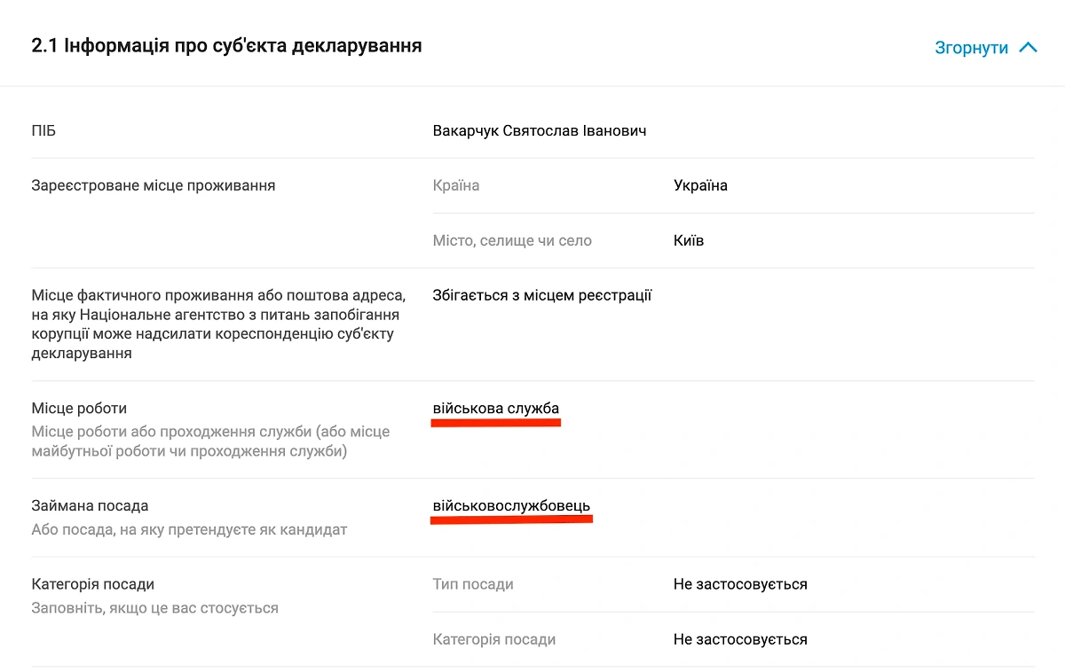 Декларация о доходах Святослава Вакарчука, поданная в 2024 году. Место работы — воинская служба, занимаемая должность — военнослужащий. Фото © youcontrol