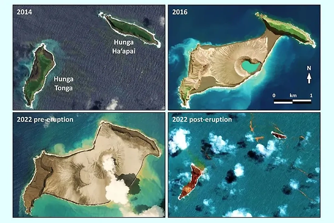 Острова Хунга-Тонга и Хунга-Хаапай до и после извержения 2022 года. Фото © geoscienceletters