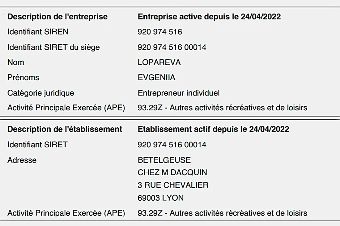 Из учредительных документов ИП Евгении Лопарёвой. Реестр Франции.