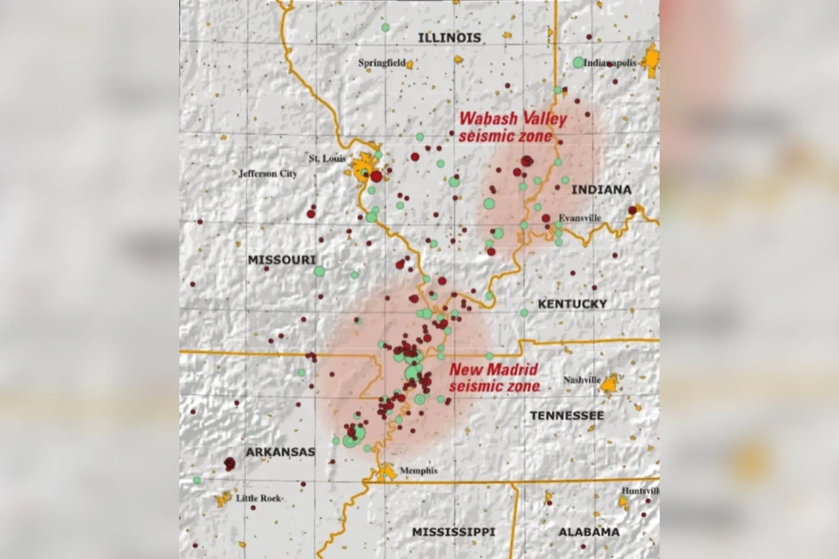 Карта землетрясений в сейсмической зоне Нью-Мадрид в США (зелёным цветом обозначены события до 1974 года, красным — более недавние). Фото © pubs.usgs.gov