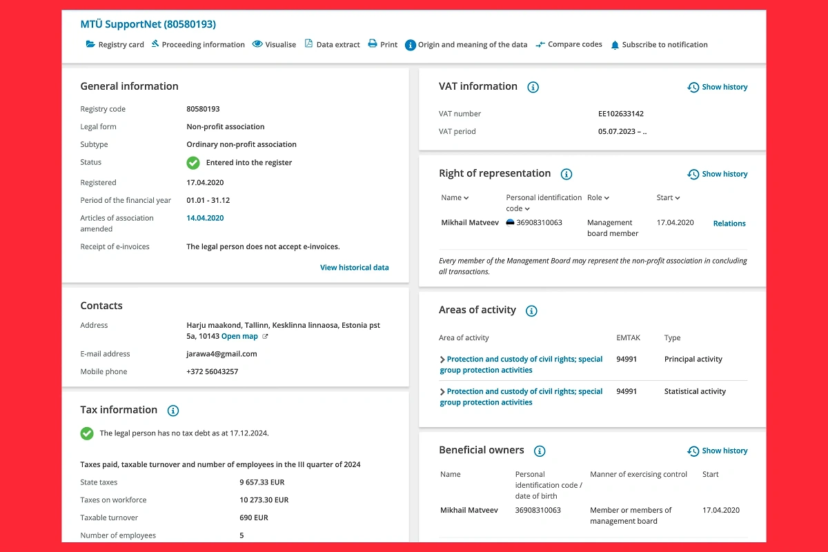 Карточка фонда MTÜ SupportNet в эстонском бизнес-реестре. Фото © ariregister.rik.ee