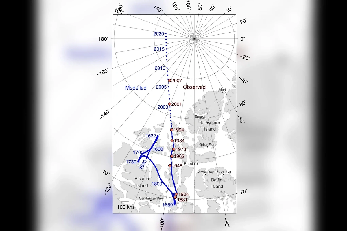 Смещение Северного магнитного полюса Земли за последние столетия. Фото © Wikipedia 