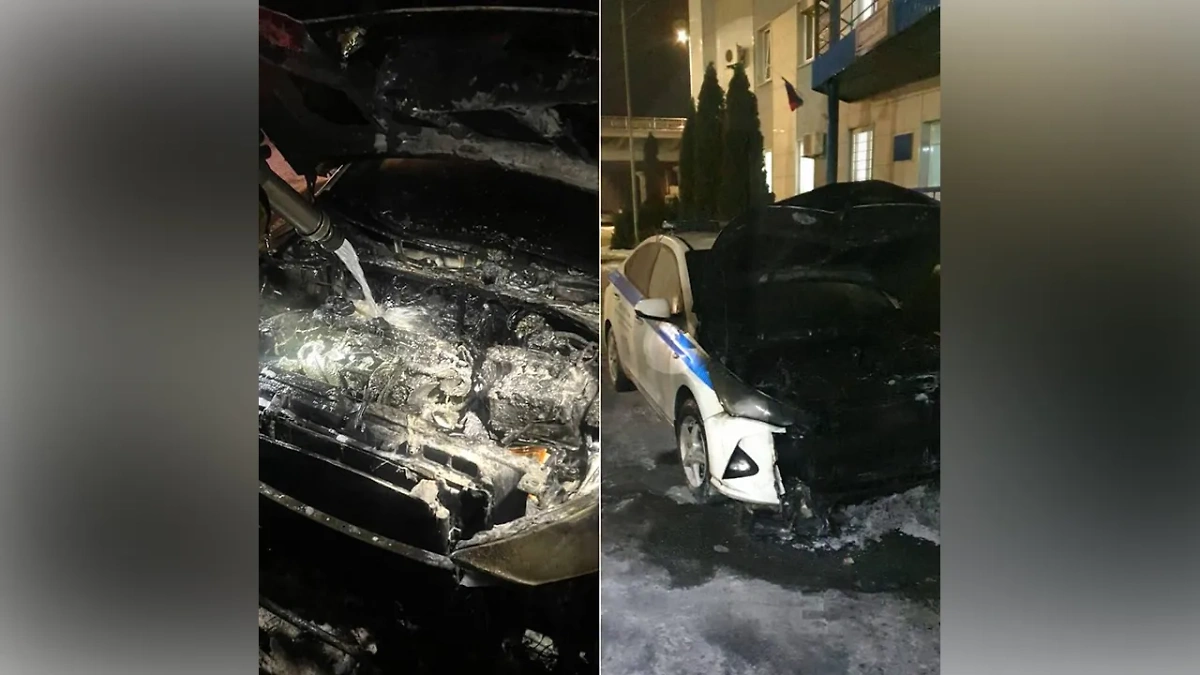 Сгоревший полицейский автомобиль в Санкт-Петербурге. Обложка © Telegram / Mash на Мойке