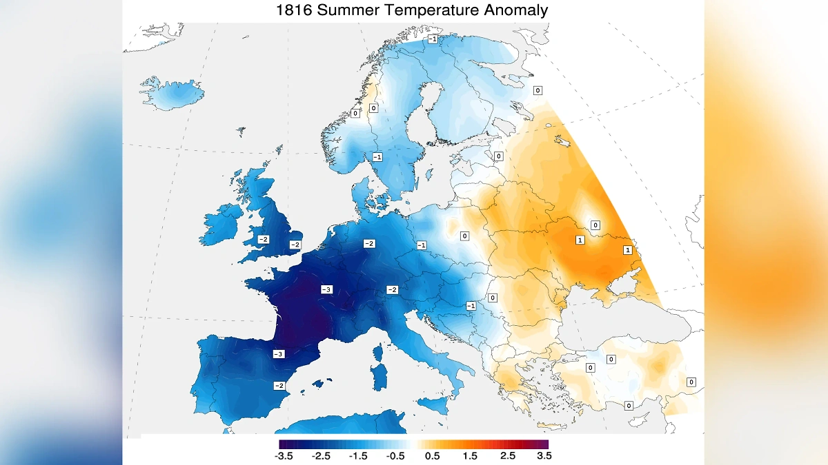 Карта изменений средних температур в Европе в 1816 году, известном как «год без лета». Фото © Wikipedia / Giorgiogp2