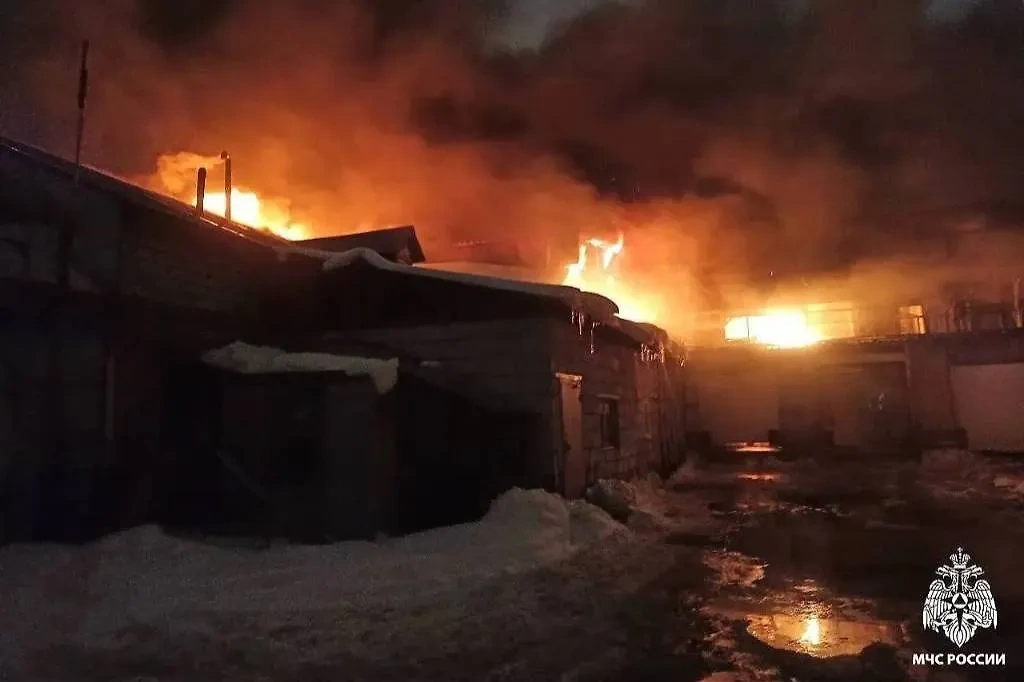 Горящее здание предприятия по производству мяса в подмосковном Пушкино. Обложка © Telegram / МЧС России