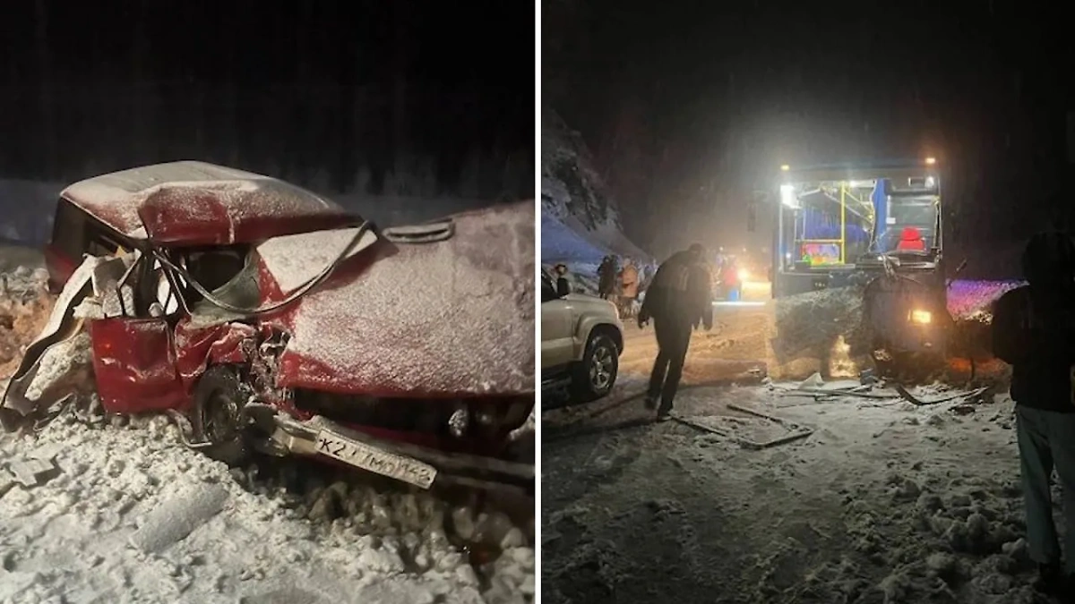 Место ДТП с двумя автобусами в Кемеровской области. Обложка ©  VK / ДТП Кузбасс