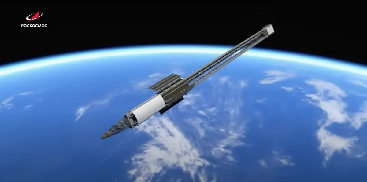 Модель космического буксира "Зевс" с ядерной установкой. Обложка © YouTube / "Роскосмос ТВ"