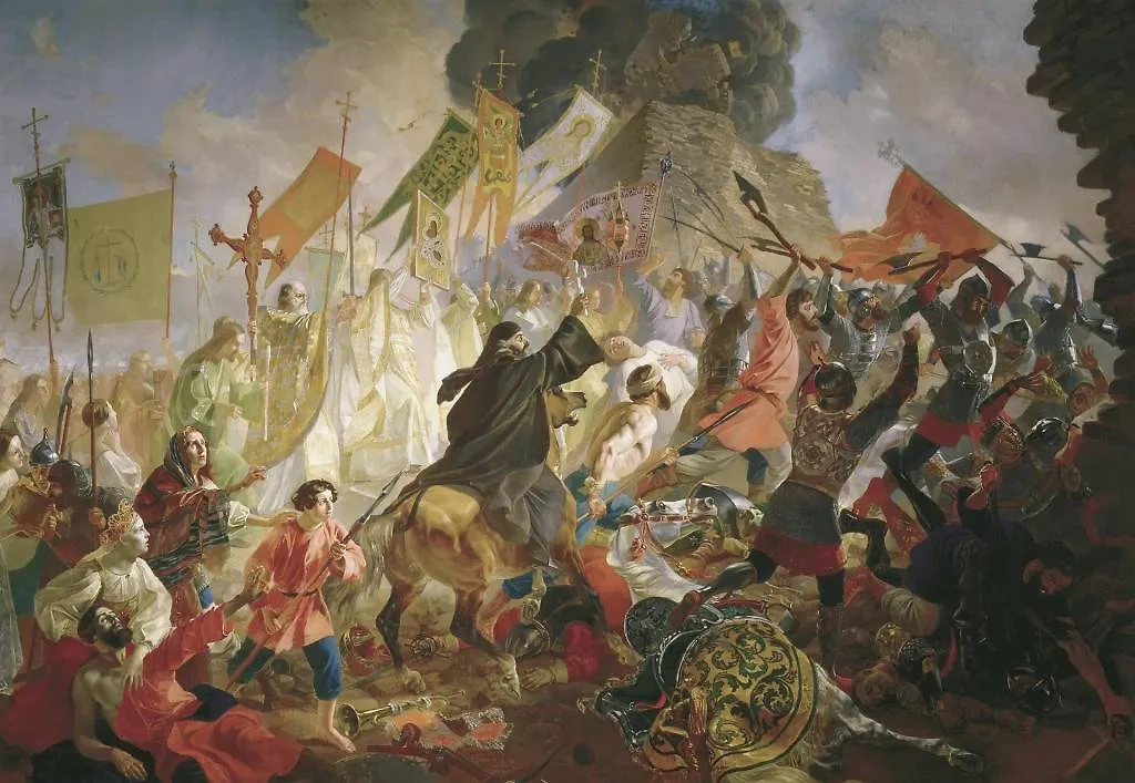 Аллегорическое изображение штурма 8 сентября на картине "Осада Пскова польским королём Стефаном Баторием в 1581 году" / К. Брюллов, 1843 г. / Wikipedia