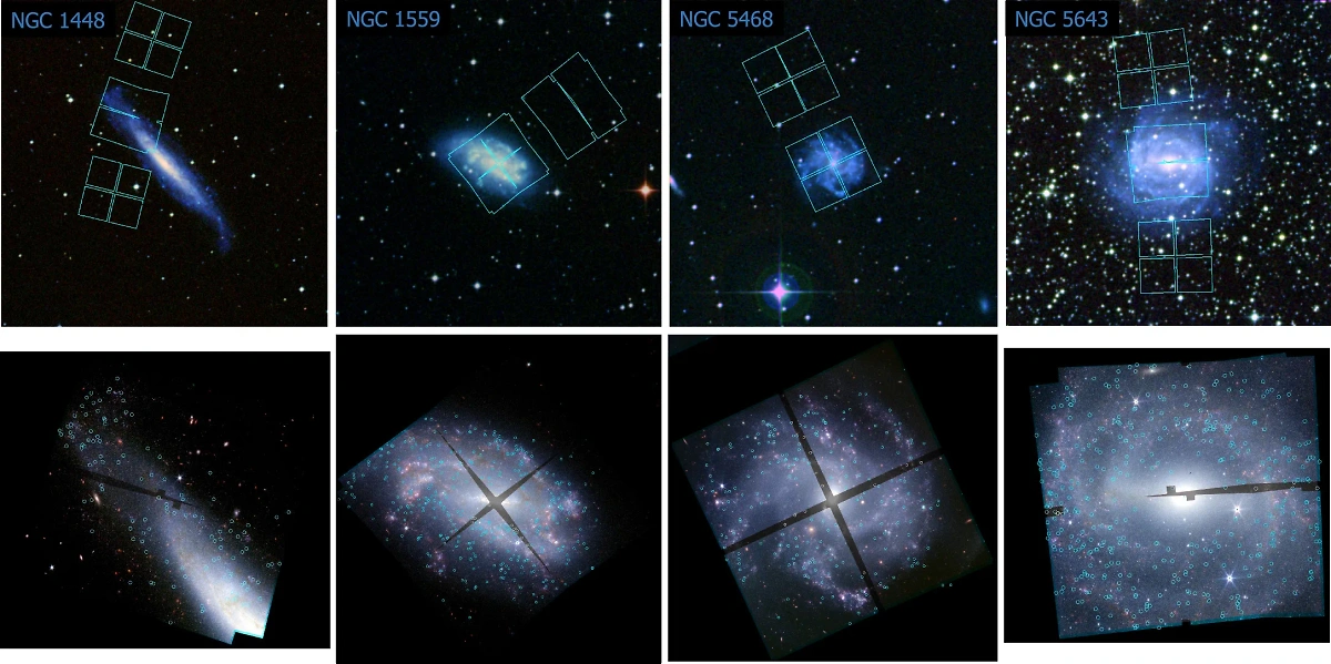 Цефеиды в нескольких разных галактиках на снимках обсерватории Webb (обозначены в нижнем ряду изображений голубыми кружками). Фото © iopscience.iop.org