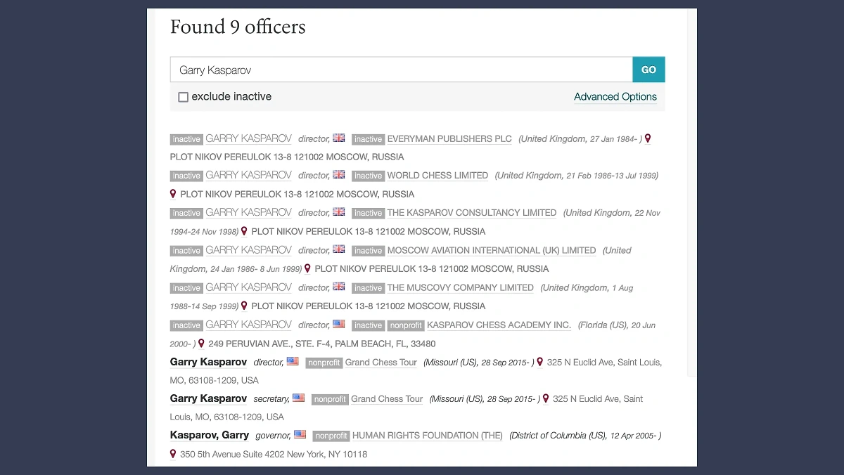 Как видно, свой бизнес-путь Гарри Каспаров* начинал с британской юрисдикции. Возможно, тогда он и определился со своим отношением к России. Фото © opencorporates.com