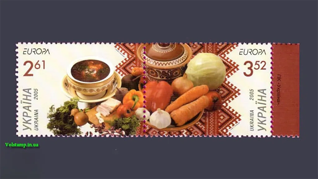 В 2005 году на Украине выпустили марки с изображением набора продуктов для традиционного украинского борща с салом. Фото © volstamp.in.ua