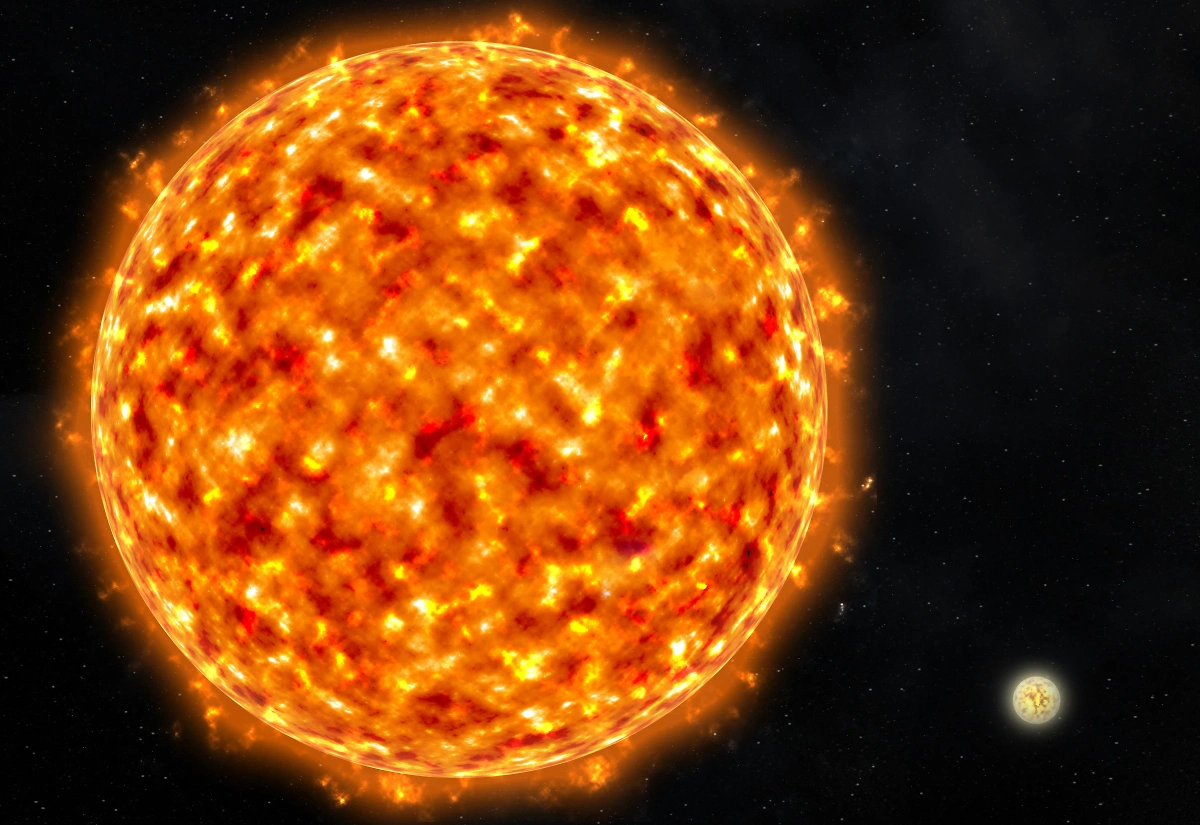 Солнце сейчас (справа) и на стадии красного гиганта через несколько миллиардов лет (слева). Фото © Shutterstock / FOTODOM