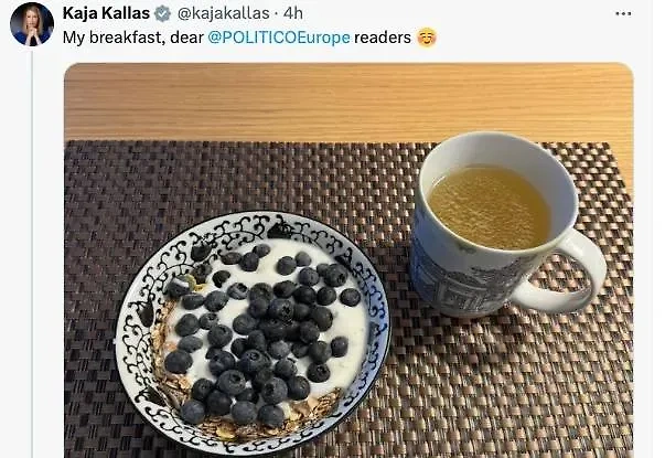 Пост Каллас в соцсети "Мой завтрак, дорогие читатели Politico". Фото © X / kajakallas