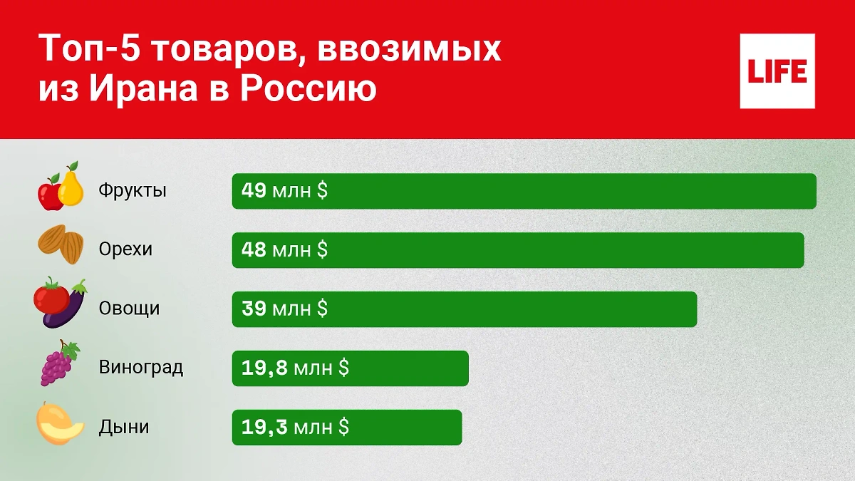 Топ-5 товаров, ввозимых из Ирана в Россию. Инфографика © Life.ru
