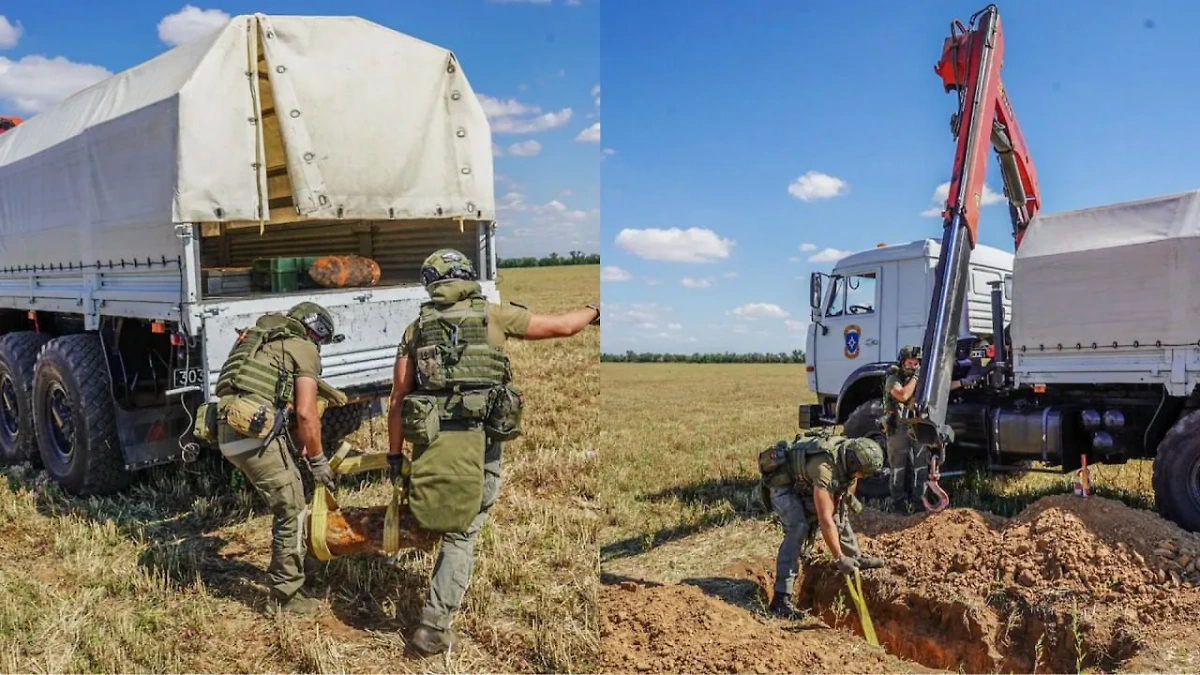 Пиротехники МЧС России уничтожили две фугасных авиабомбы в Волгоградской области. Видео © Telegram / МЧС России