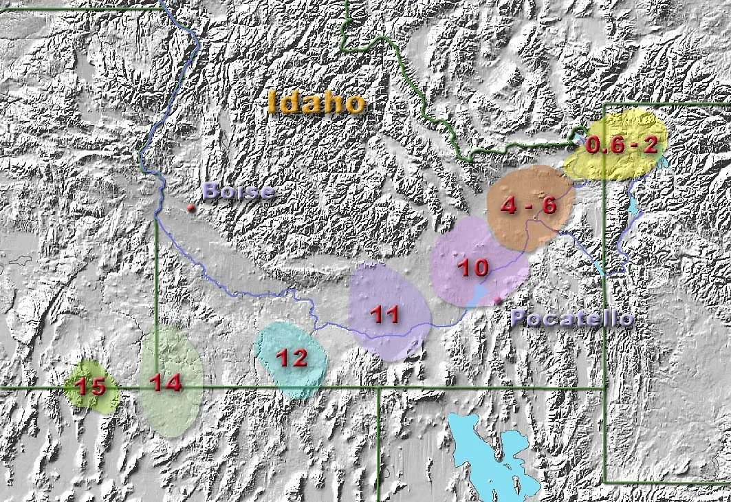 Смещение Йеллоустонской кальдеры за последние 15 миллионов лет. Фото © Wikipedia / Metrodyne