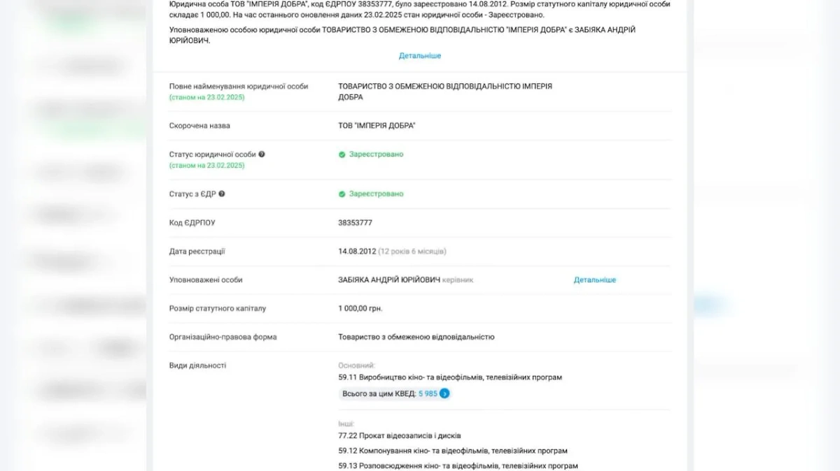 Карточка компании Антона Лирника* в украинских бизнес-реестрах. Фото © YouControl