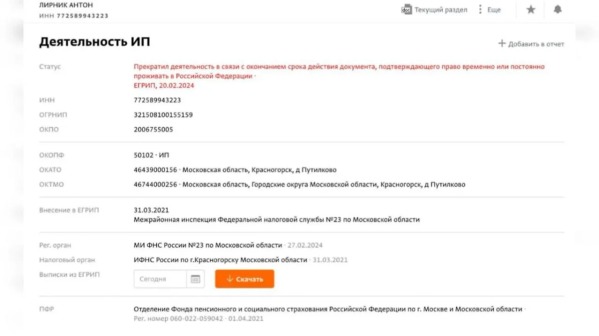 ИП Антона Лирника* ликвидирован в связи с окончанием срока действия его ВНЖ в России. Фото © spark-interfax