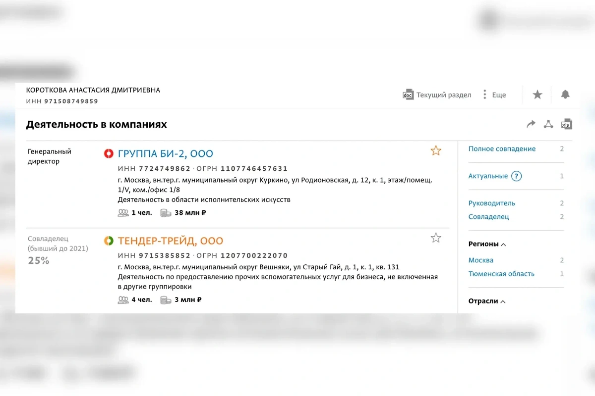 Анастасия Короткова является генеральным директором бизнеса группы «Би-2», но указанной ею почтой пользуется бывший партнёр по бизнесу. Фото © СПАРК