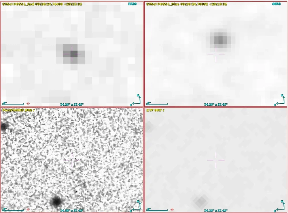 Сравнение снимков одного и того же участка неба, сделанных в 1950-е годы (сверху) и в XXI веке (снизу). Обнаружение исчезающих объектов на красных изображениях POSS I с помощью виртуальной обсерватории. Фото © academic.oup.com