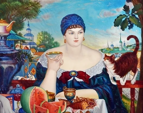 "Купчиха за чаем" (1918 год). Фрагмент картины Б. Кустодиева.