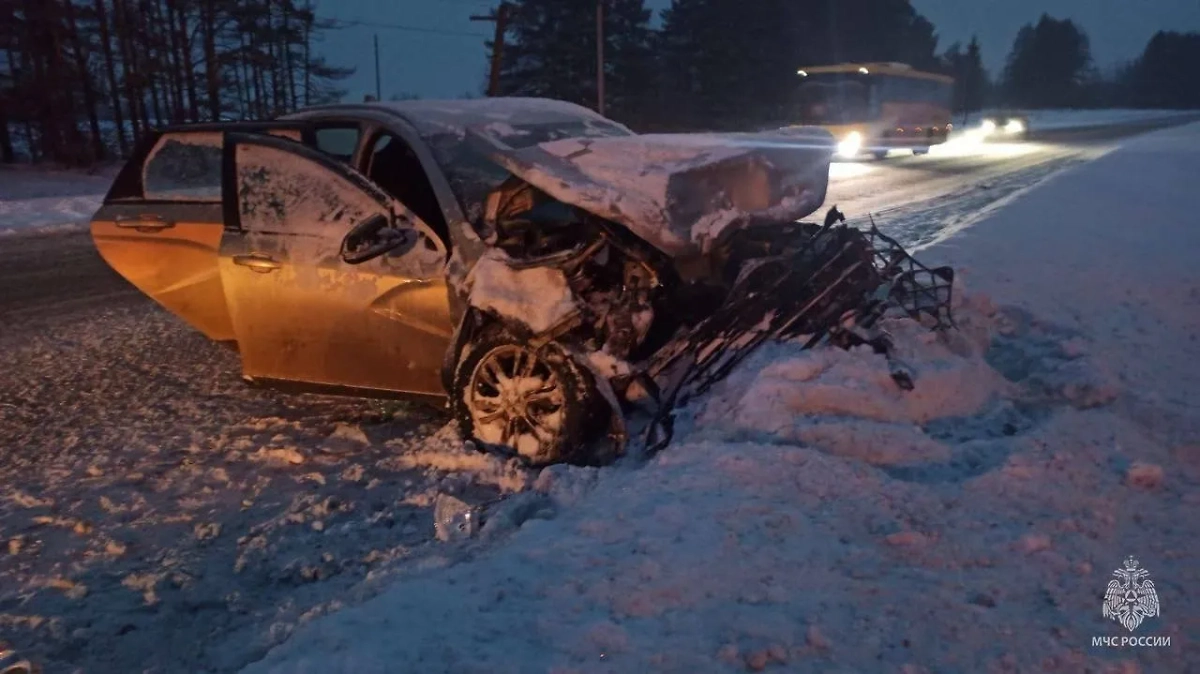 Автобус с детьми попал в ДТП на трассе в Удмуртии. Фото © ГУ МЧС по Удмуртской Республике