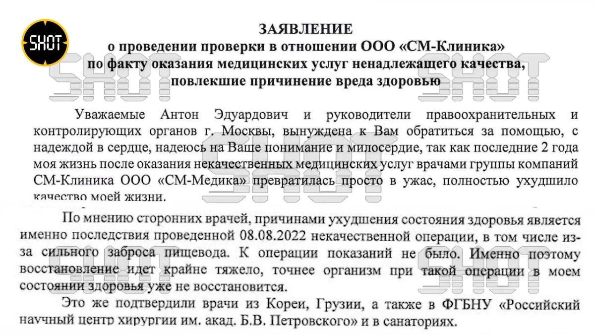 Заявление Валентины Мельниковой к российским правоохранителям после хирургического вмешательства в "СМ-Клинике". Фото © Telegram / SHOT