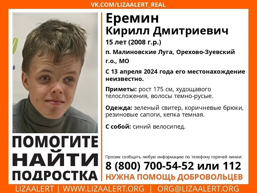 Пропавший мальчик Кирилл Ерёмин. Фото © VK / Поисковый отряд "ЛизаАлерт"