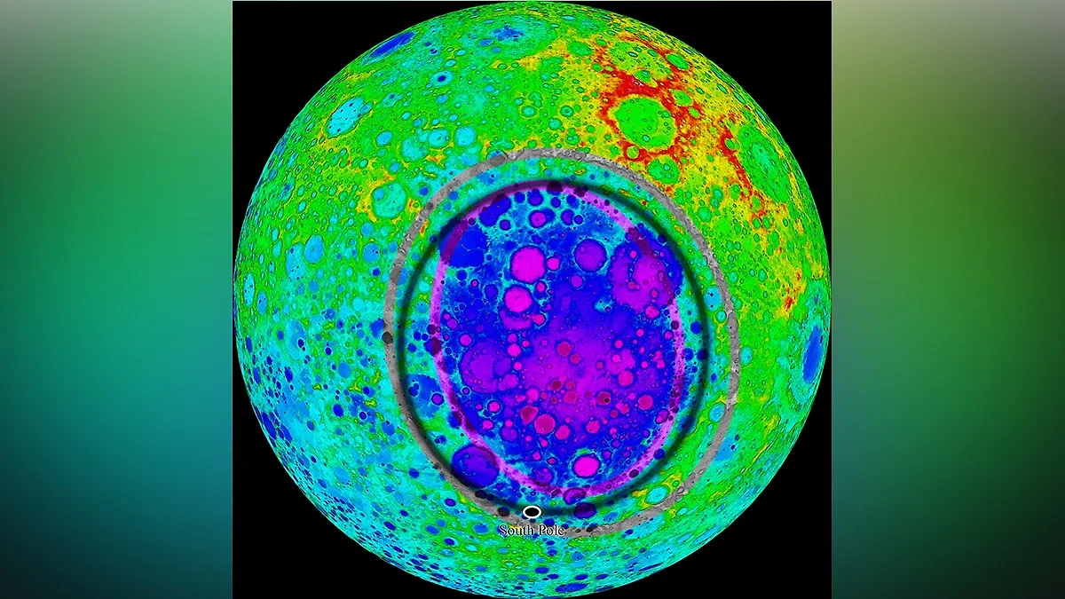 Топографическая карта бассейна Южный полюс – Эйткен на обратной стороне Луны. Фото © Wikipedia