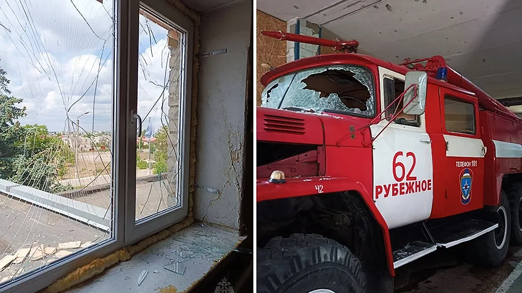 Последствия украинского обстрела пожарной части в Скадовске. Фото © Telegram / МЧС России