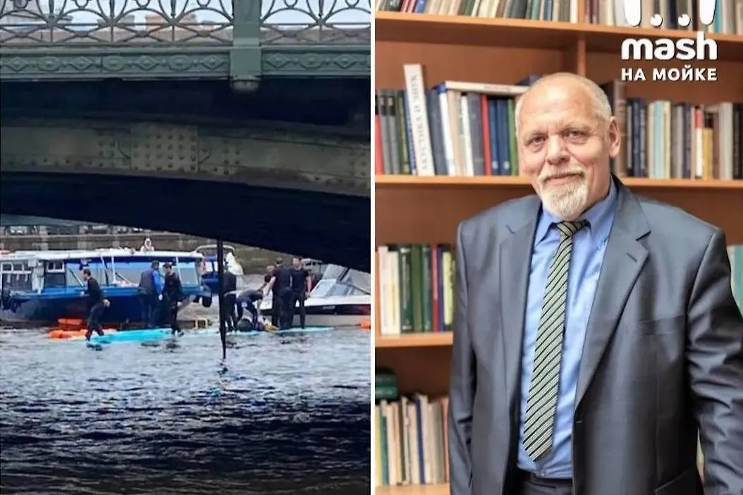 Профессор Алексей Храмов погиб в ЧП с автобусом, упавшим в Мойку. Обложка © Telegram / Mash на Мойке